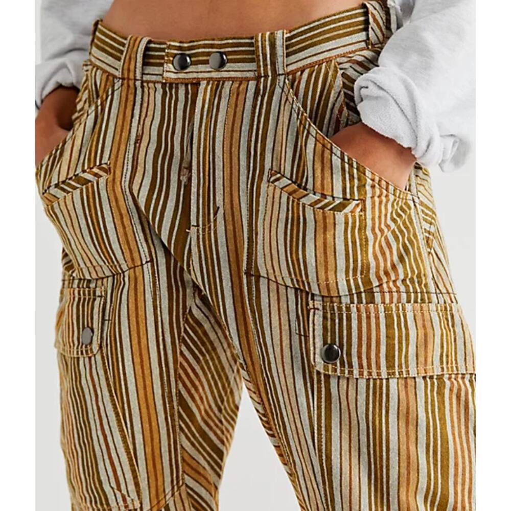 Free People Break The Rules Slim Pants Green Brown Ivory 6 - Picture 3 of 5